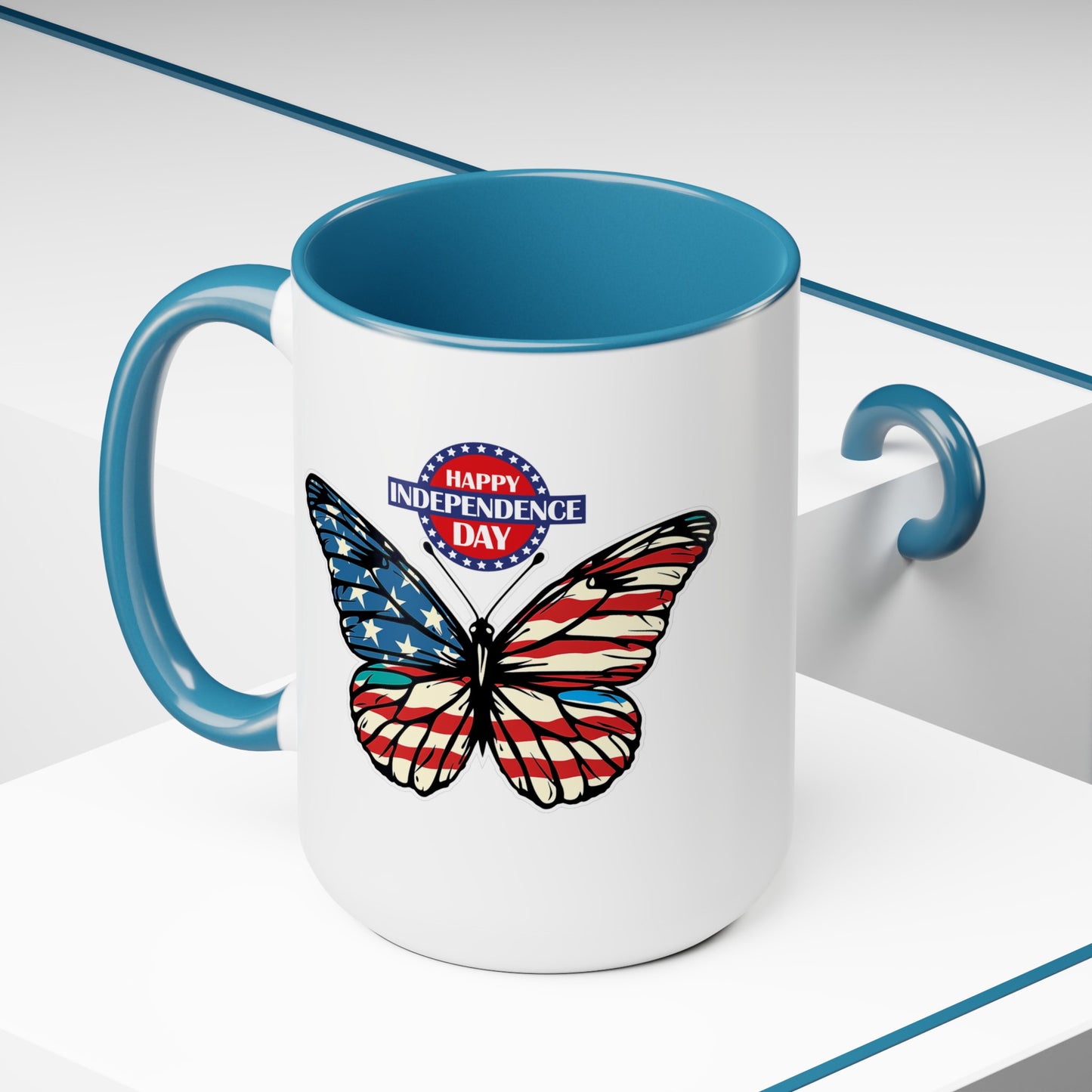 Happy 4th Of July Two -Tone Coffee Mug.15oz. Happy Independence Day Coffee Mug. Butterfly Coffee Mug, America, Red White Blue, Flag.