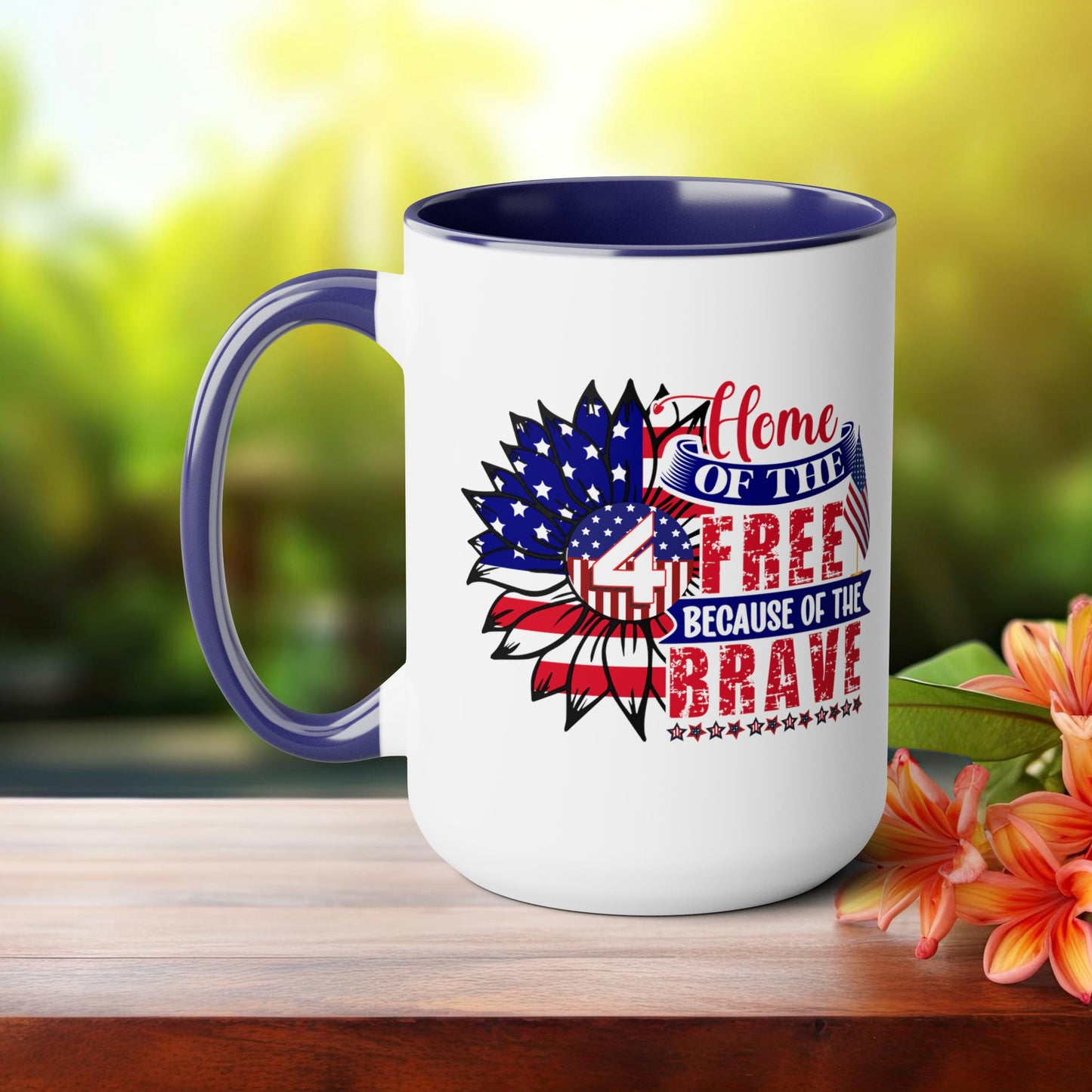 Happy 4th Of July Two -Tone Coffee Mug.15oz. God Bless America Coffee Mug.Flag, Red White Blue, Gift, America.Fourth Of July Sunflower Coffee Mug.