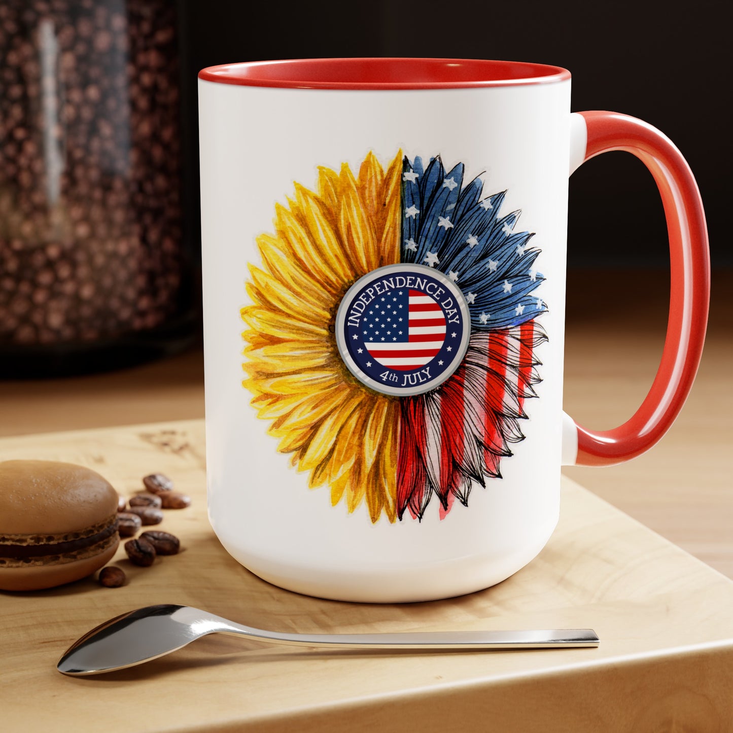 Happy 4th Of July Two -Tone Coffee Mug.15oz. Independence Day Sunflower Coffee Mug.