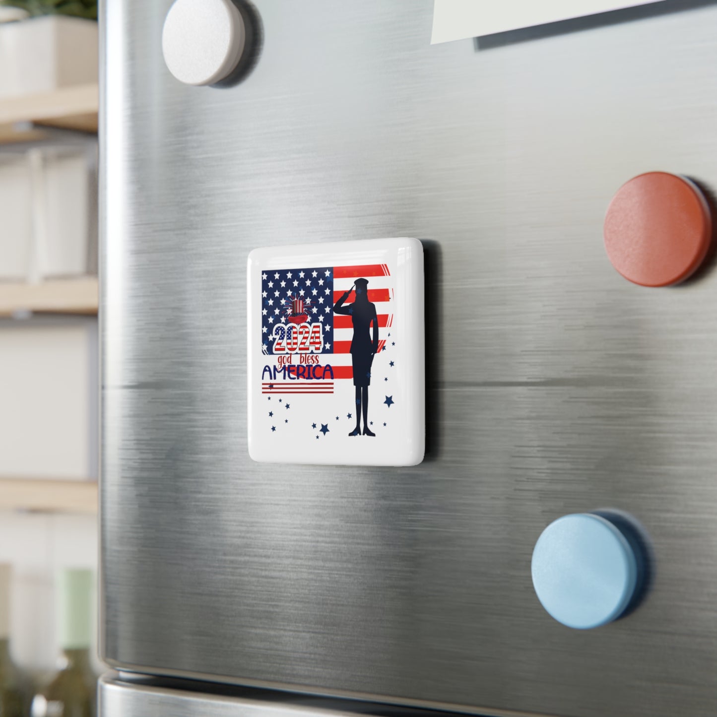 Happy 4th of July Porcelain Magnet, Square, America, Flag, Peace Love America. Proud To Be An American, Red White Blue Magnet, God Bless America Magnet.