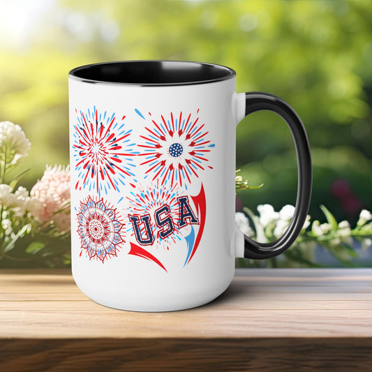 Happy 4th Of July Two -Tone Coffee Mug.15oz. God Bless America Coffee Mug. USA Coffee Mug.