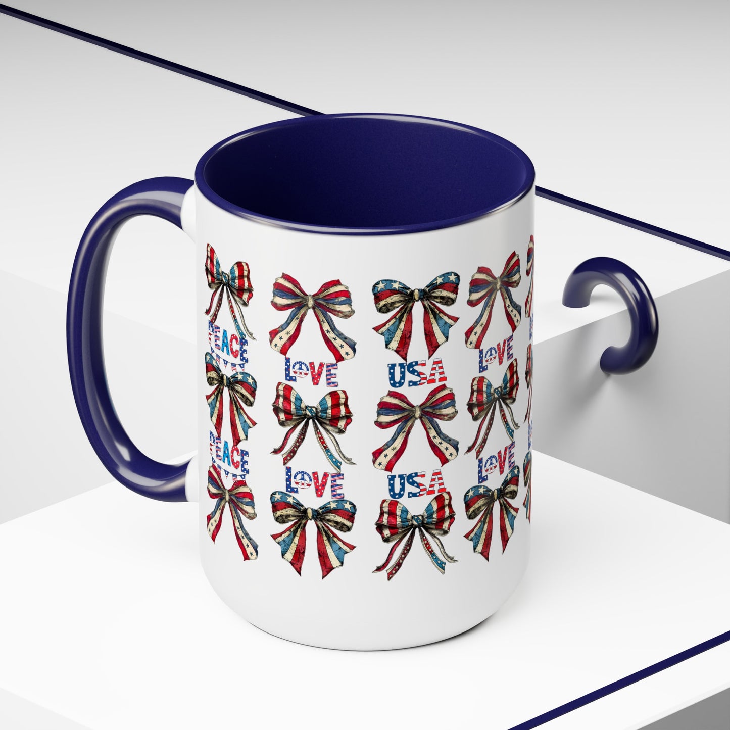 Happy 4th Of July Two -Tone Coffee Mug.15oz. Independence Day Coffee Mug. Love Peace USA.