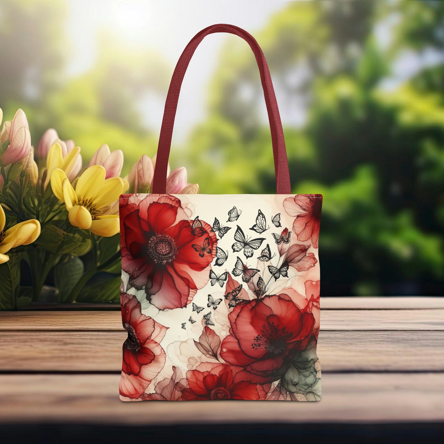 Red Flower With Butterfly Tote Bag