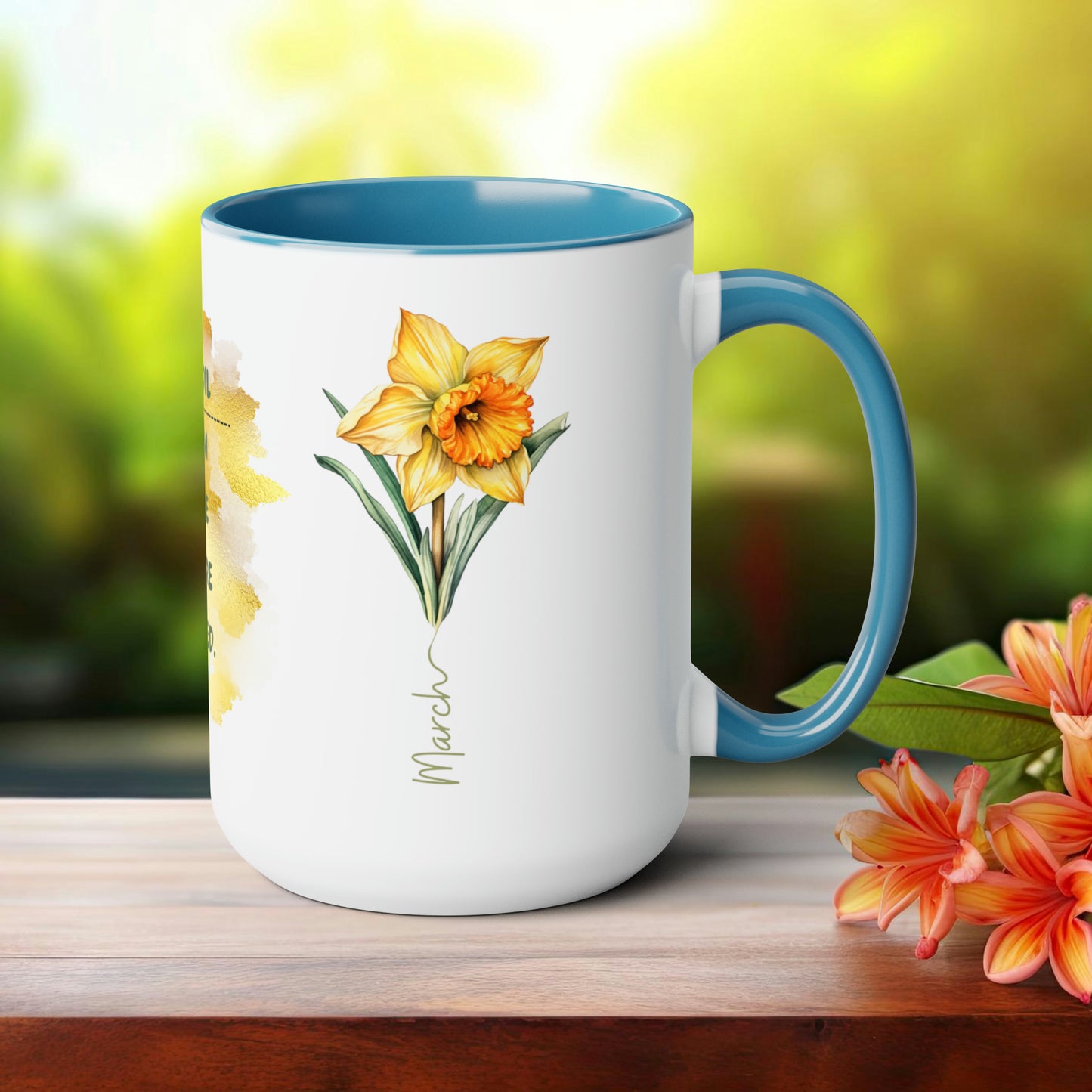 Birth Month Flower Two-Tone Coffee Mugs, 15oz, March Birth Month Flower mug.