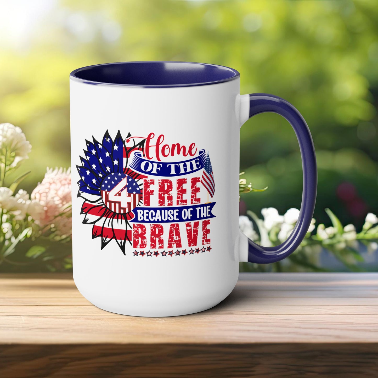 Happy 4th Of July Two -Tone Coffee Mug.15oz. God Bless America Coffee Mug.Flag, Red White Blue, Gift, America.Fourth Of July Sunflower Coffee Mug.