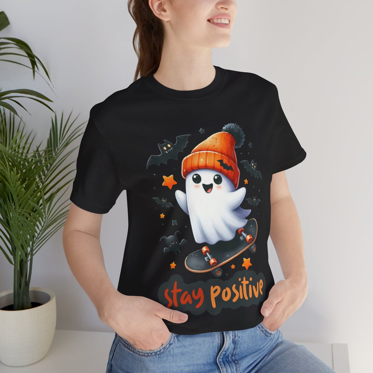 Stay Positive Cute Ghost T-shirt, Happy Halloween Skeleton T-shirt, Happy Halloween T-shirt, Trick Or Treat T-shirt, Halloween T-shirt, Cool Halloween T-shirt, Spooky T-shirt,