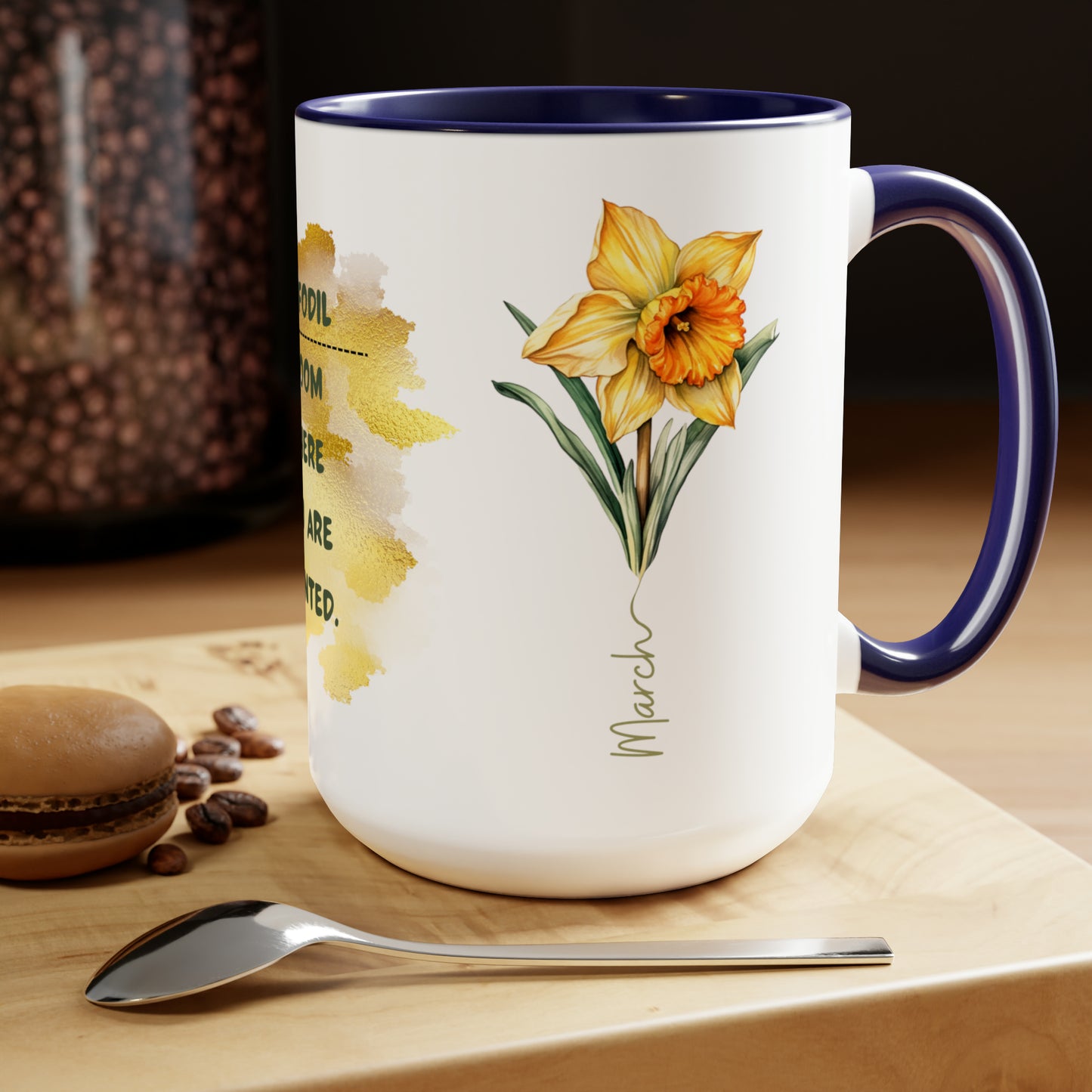 Birth Month Flower Two-Tone Coffee Mugs, 15oz, March Birth Month Flower mug.