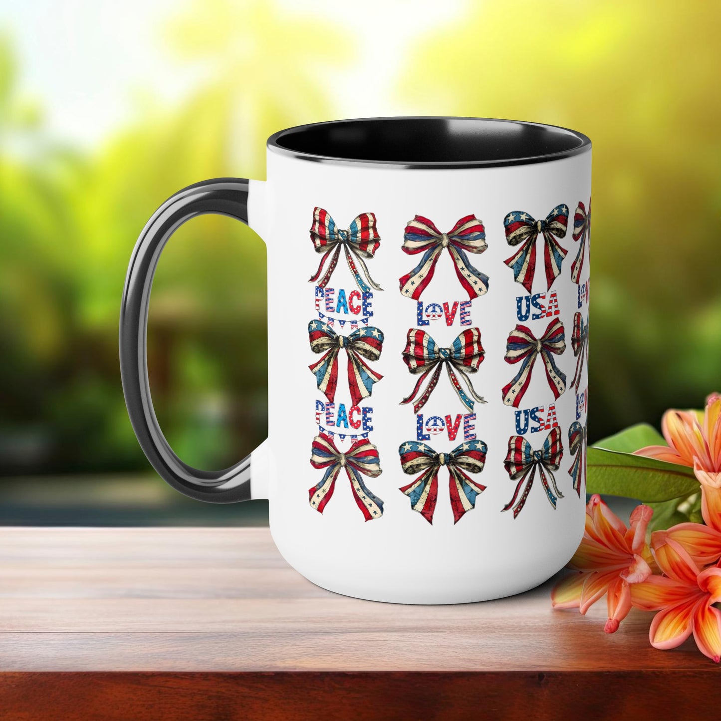 Happy 4th Of July Two -Tone Coffee Mug.15oz. Independence Day Coffee Mug. Love Peace USA.