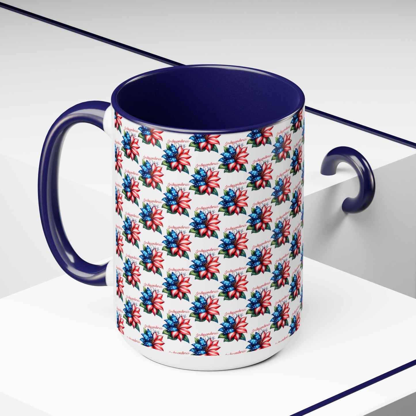 Happy 4th Of July Two -Tone Coffee Mug.15oz. Independence Day Coffee Mug. Love Peace USA.