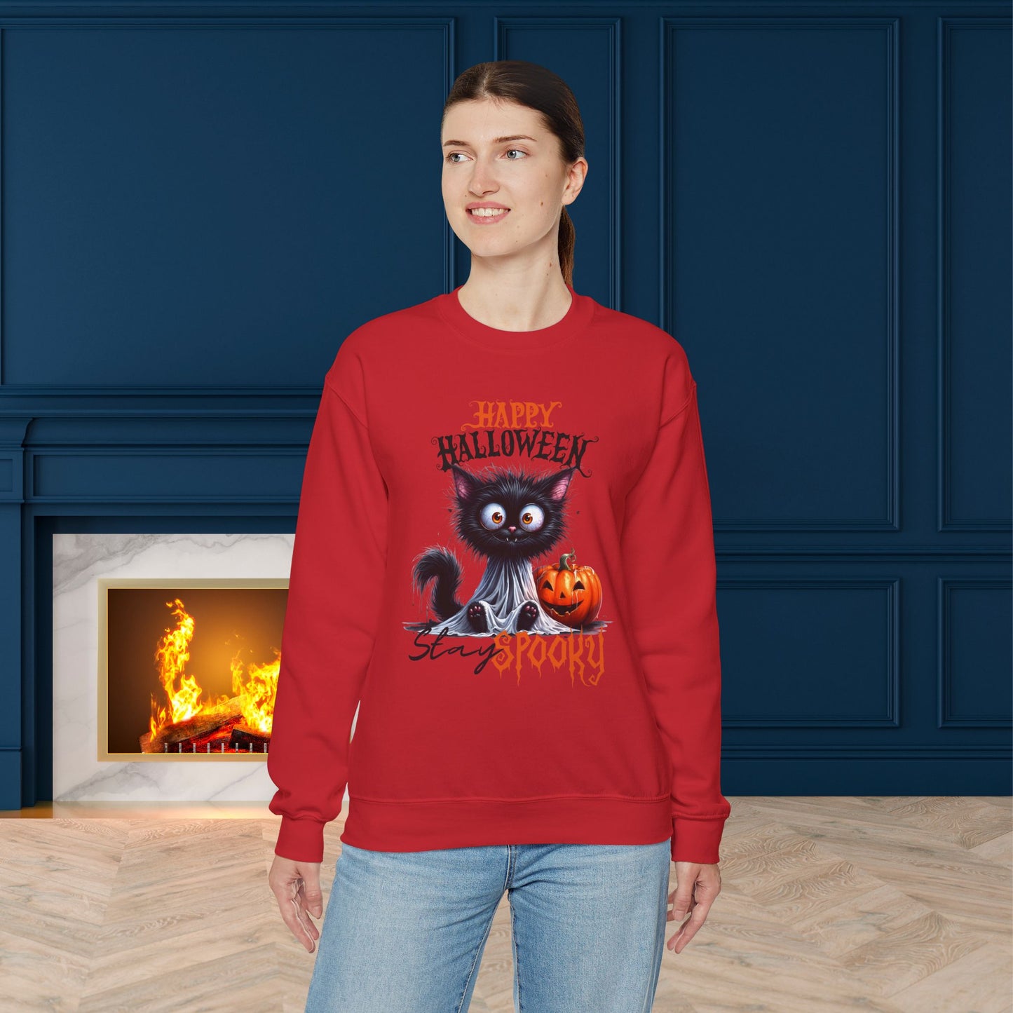 Stay spooky Halloween Sweatshirt - Unisex Heavy Blend Crewneck, halloween sweatshirt, cute spooky cat sweatshirt.