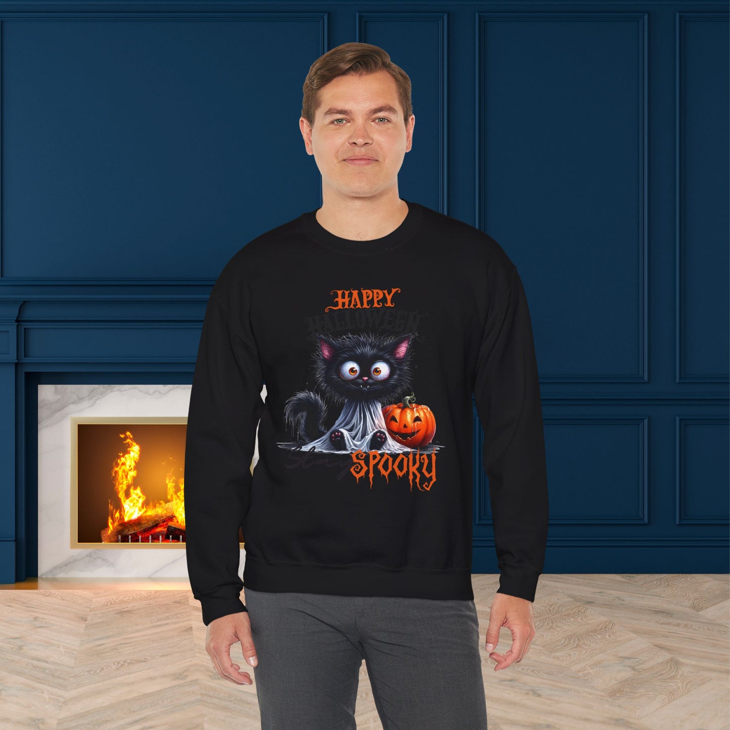 Stay spooky Halloween Sweatshirt - Unisex Heavy Blend Crewneck, halloween sweatshirt, cute spooky cat sweatshirt.