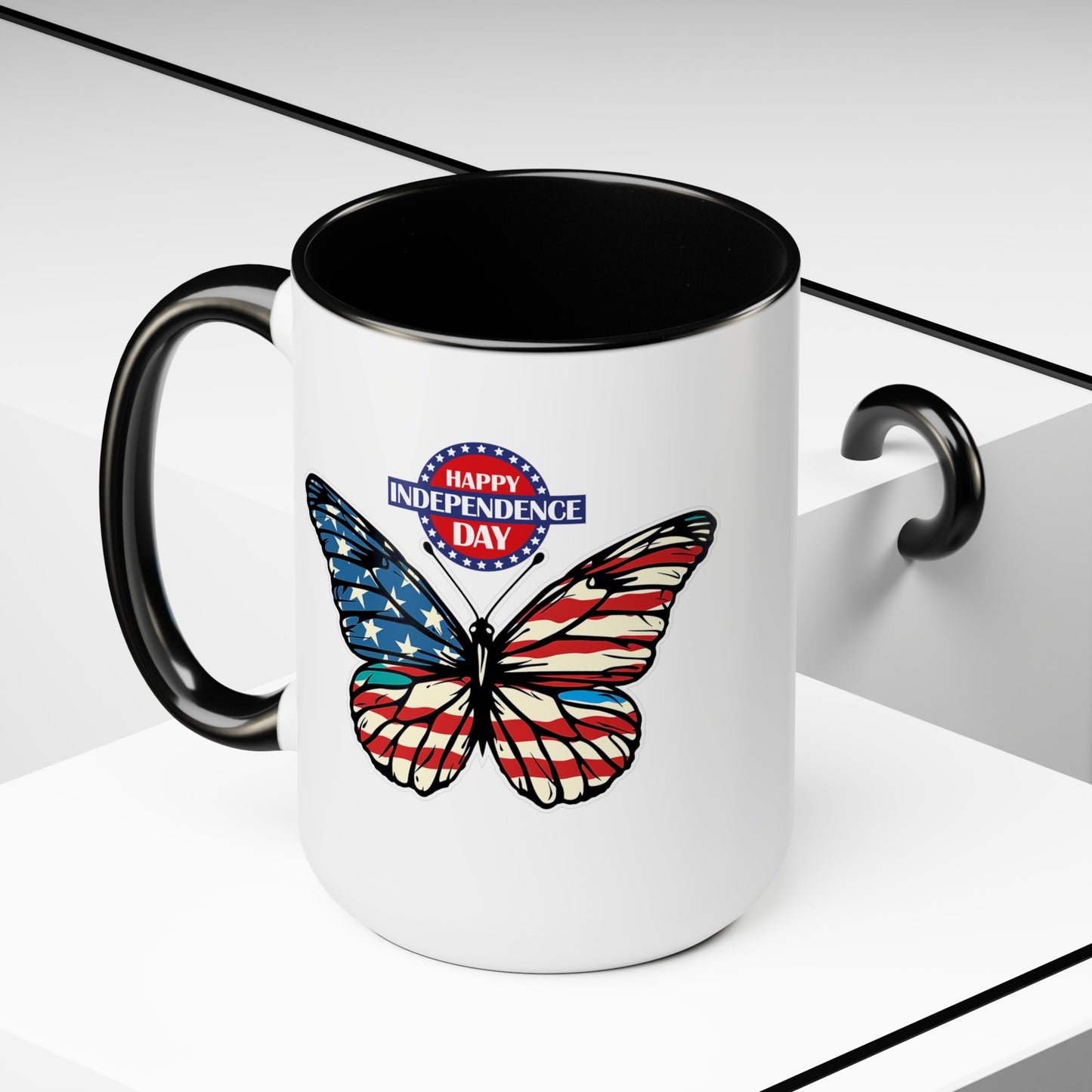 Happy 4th Of July Two -Tone Coffee Mug.15oz. Happy Independence Day Coffee Mug. Butterfly Coffee Mug, America, Red White Blue, Flag.