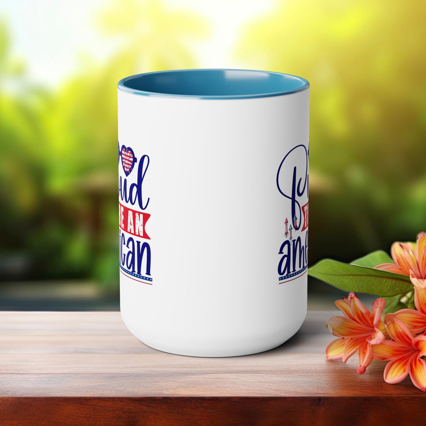 Happy 4th Of July Two -Tone Coffee Mug.15oz. Happy Independence Day Coffee Mug. America, Red White Blue, Flag,Peace Love America. Proud To Be An American