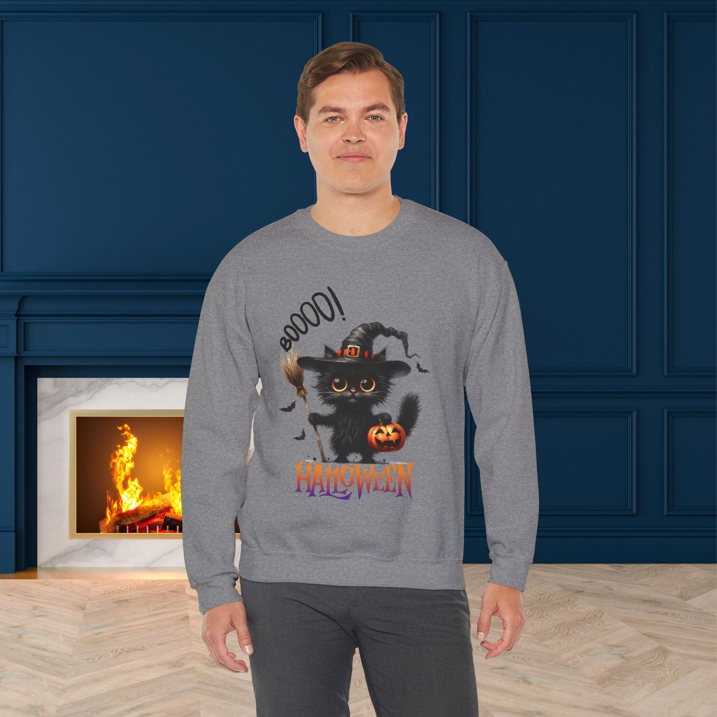 Spooky Cat Halloween Sweatshirt - Unisex Heavy Blend Crewneck, halloween sweatshirt, cute spooky cat sweatshirt.