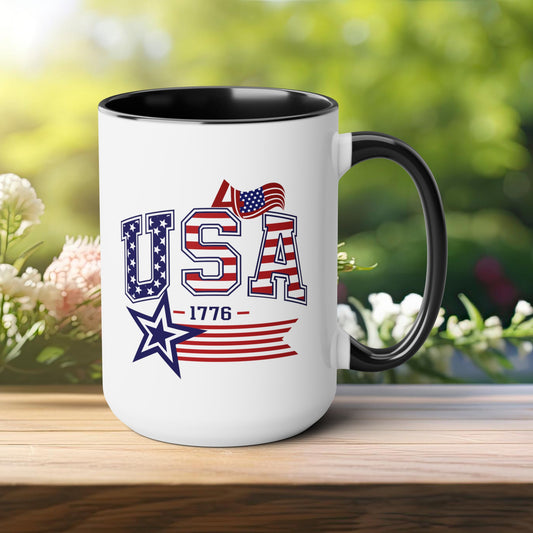 Happy 4th Of July Two -Tone Coffee Mug.15oz. Happy Independence Day Coffee Mug. America, Red White Blue, Flag,Peace Love America. Proud To Be An American