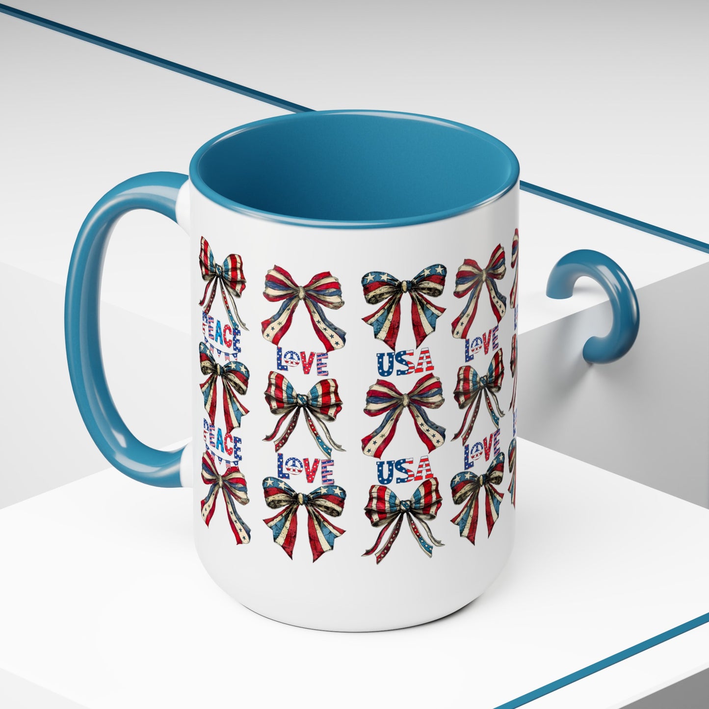 Happy 4th Of July Two -Tone Coffee Mug.15oz. Independence Day Coffee Mug. Love Peace USA.