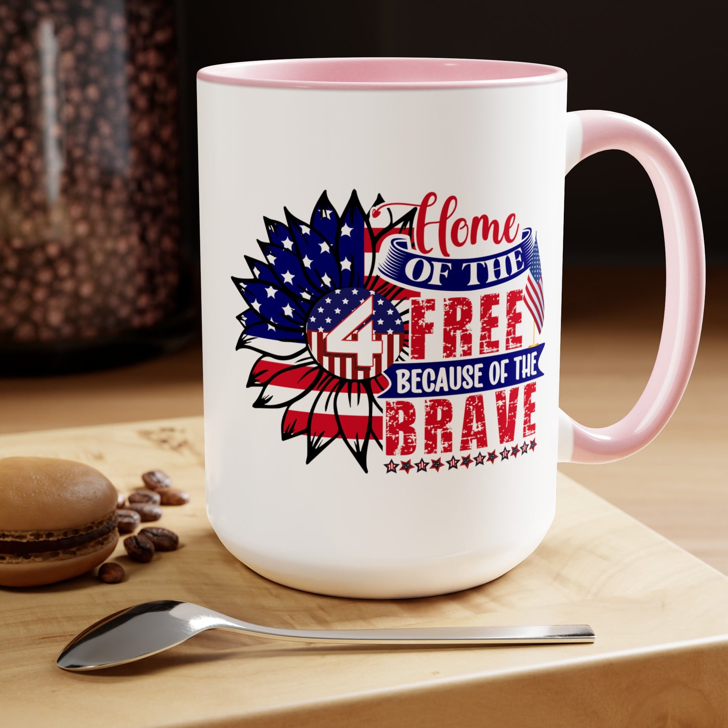 Happy 4th Of July Two -Tone Coffee Mug.15oz. God Bless America Coffee Mug.Flag, Red White Blue, Gift, America.Fourth Of July Sunflower Coffee Mug.