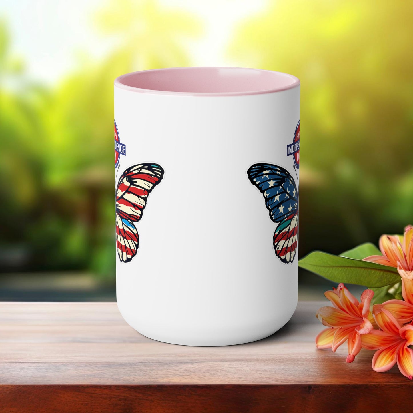 Happy 4th Of July Two -Tone Coffee Mug.15oz. Happy Independence Day Coffee Mug. Butterfly Coffee Mug, America, Red White Blue, Flag.