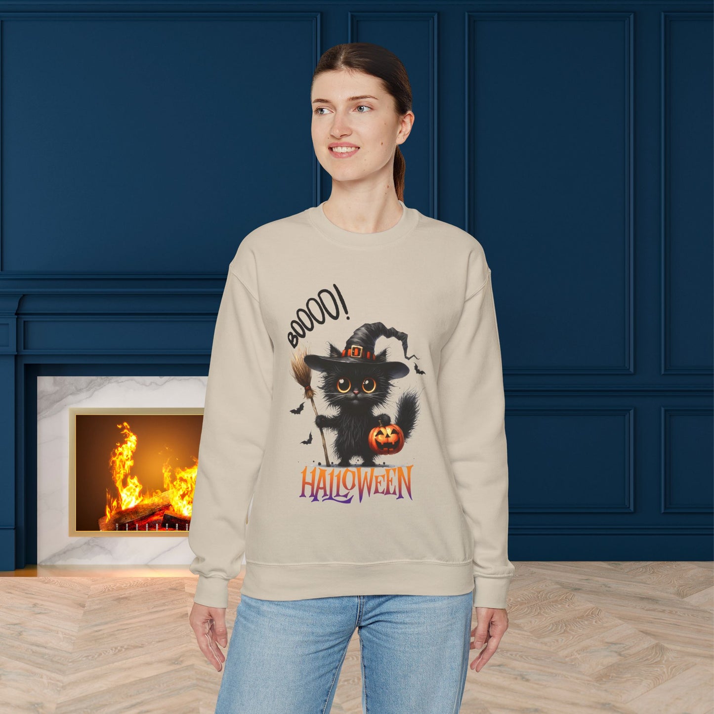 Spooky Cat Halloween Sweatshirt - Unisex Heavy Blend Crewneck, halloween sweatshirt, cute spooky cat sweatshirt.