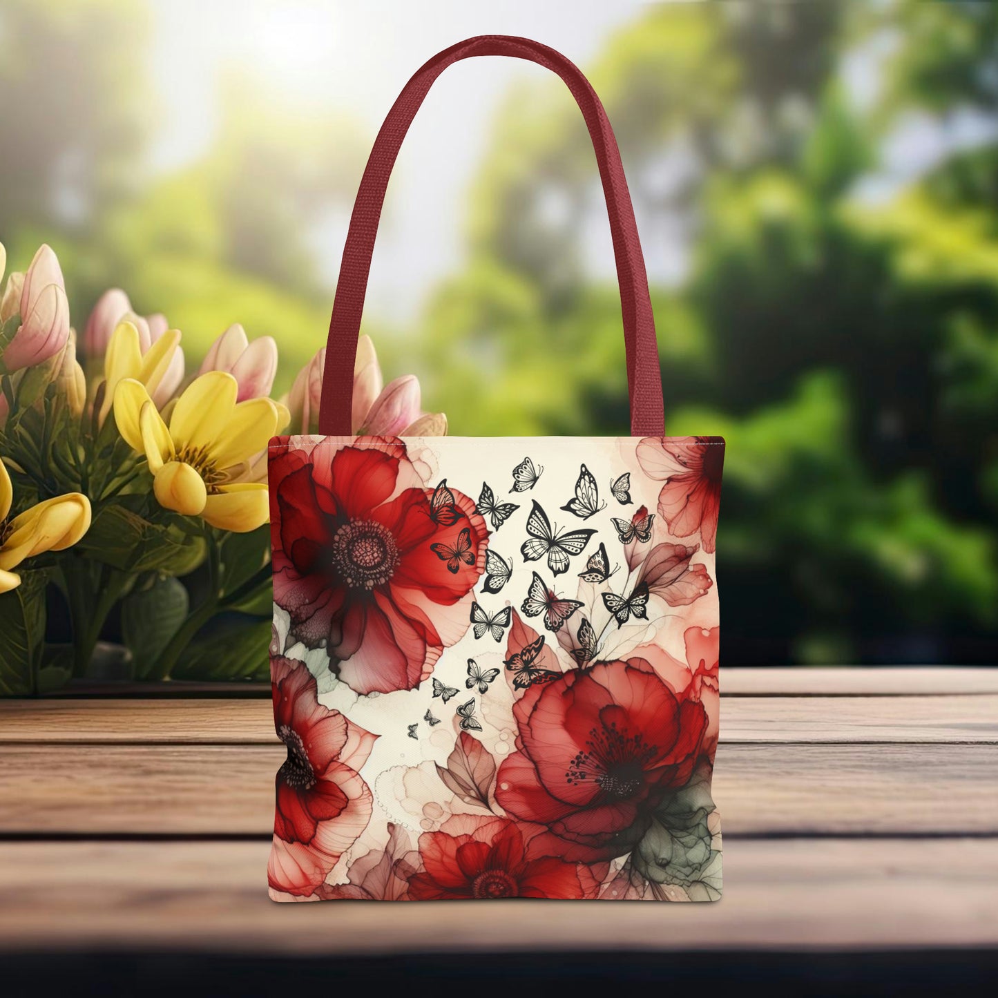 Red Flower With Butterfly Tote Bag