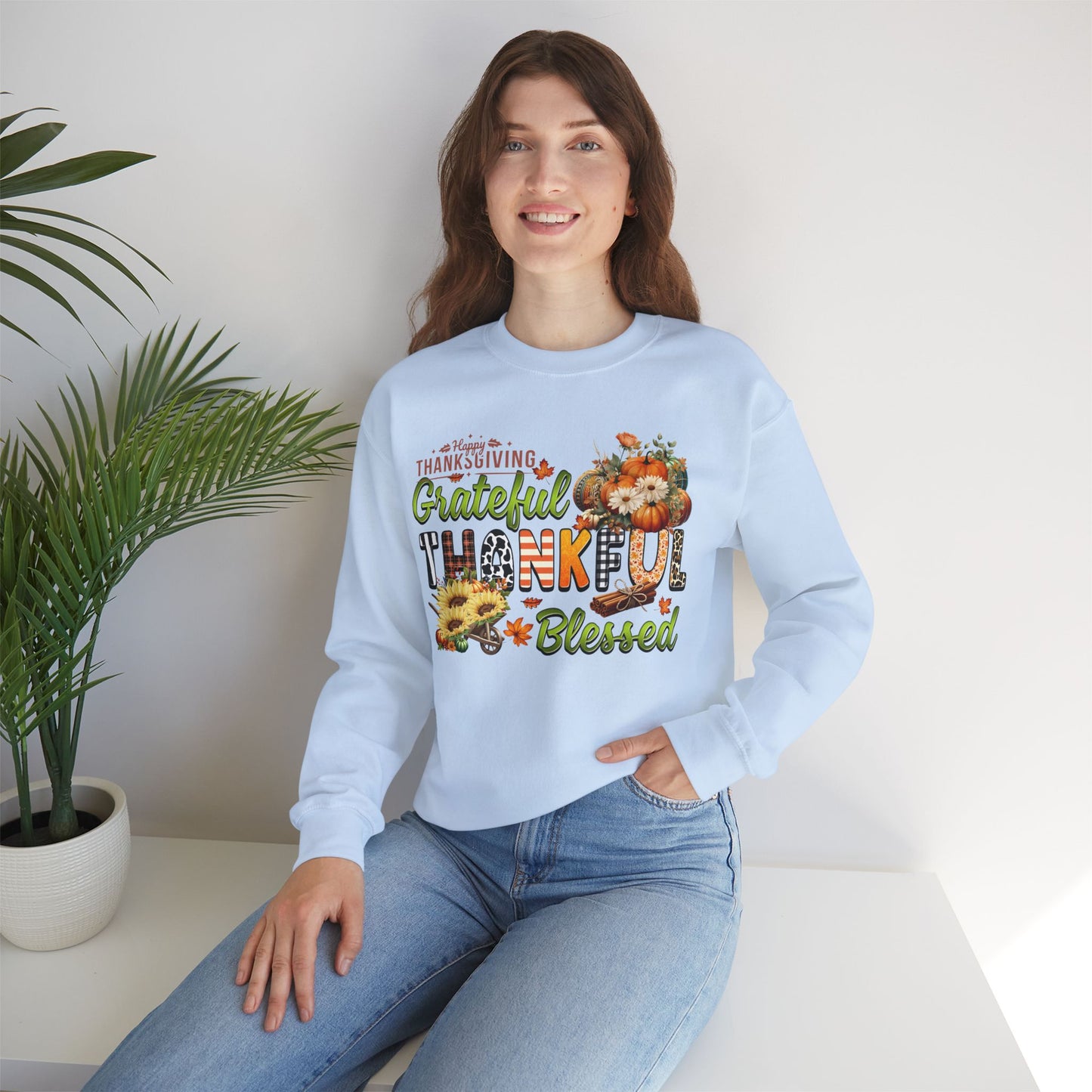 Thankful Grateful Blessed Sweatshirt,  HappyThanksgiving Sweatshirt - Unisex Heavy Blend, Happy Thanksgiving2024 Sweatshirt, Thanksgiving Gift, Festive Sweatshirt.