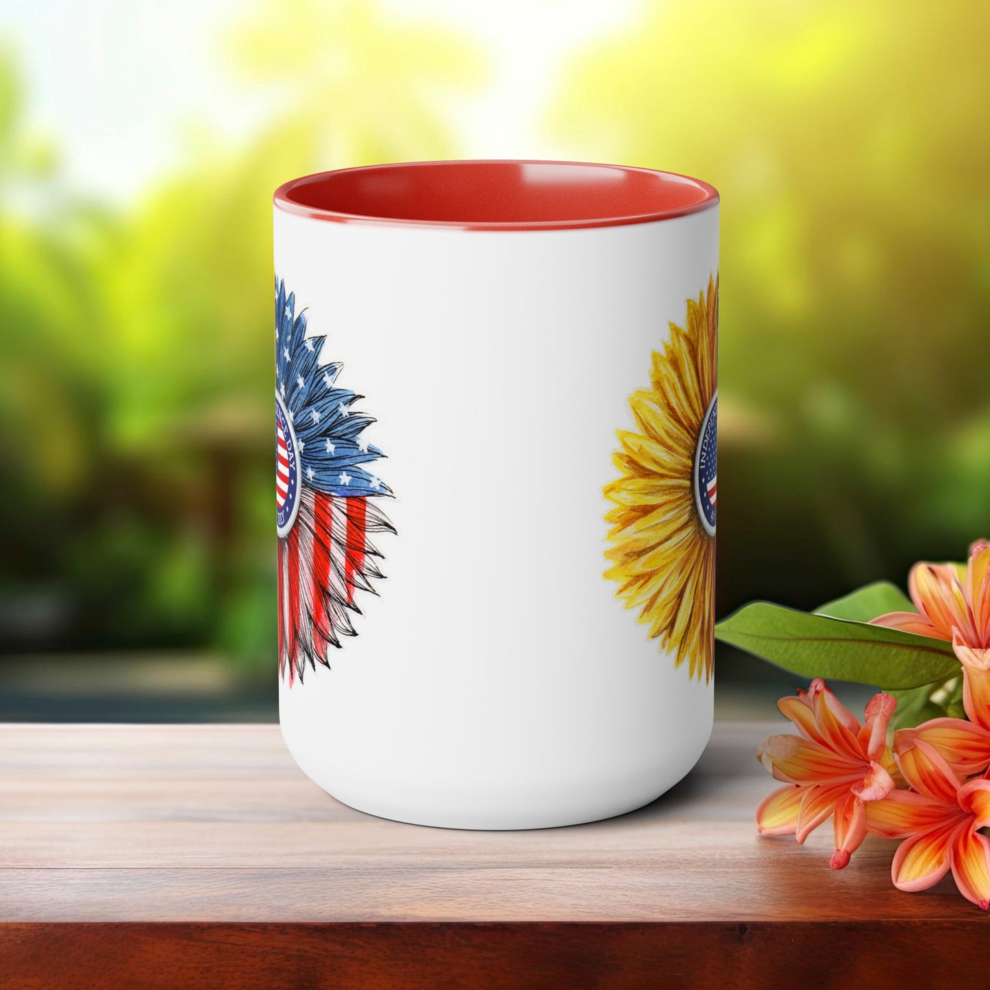 Happy 4th Of July Two -Tone Coffee Mug.15oz. Independence Day Sunflower Coffee Mug.