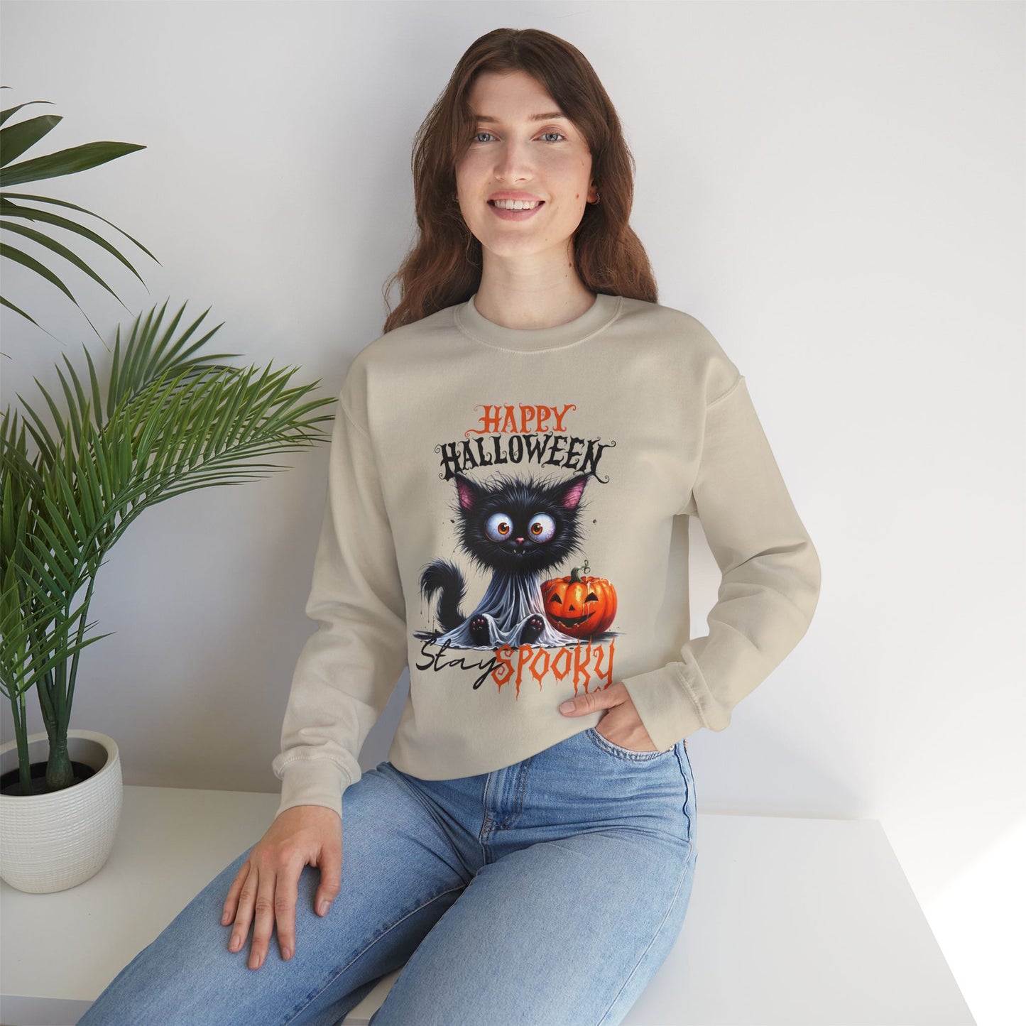 Stay spooky Halloween Sweatshirt - Unisex Heavy Blend Crewneck, halloween sweatshirt, cute spooky cat sweatshirt.