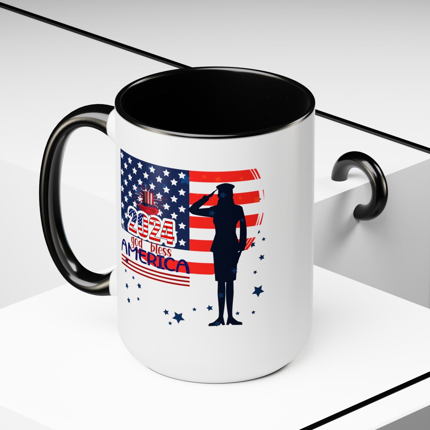 Happy 4th Of July Two -Tone Coffee Mug.15oz. God Bless America Coffee Mug.Flag, Red White Blue, gift, America.