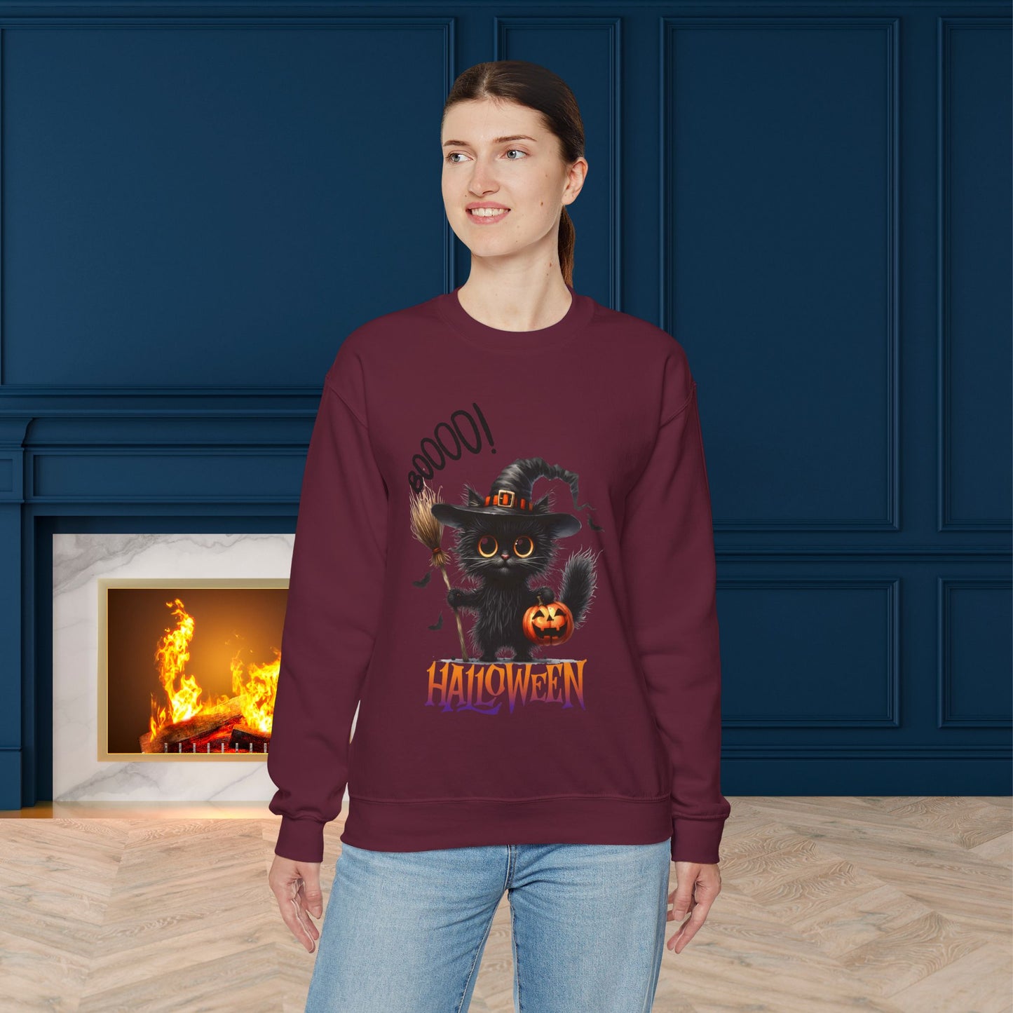 Spooky Cat Halloween Sweatshirt - Unisex Heavy Blend Crewneck, halloween sweatshirt, cute spooky cat sweatshirt.