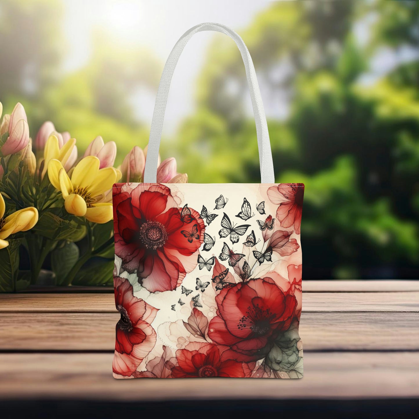 Red Flower With Butterfly Tote Bag