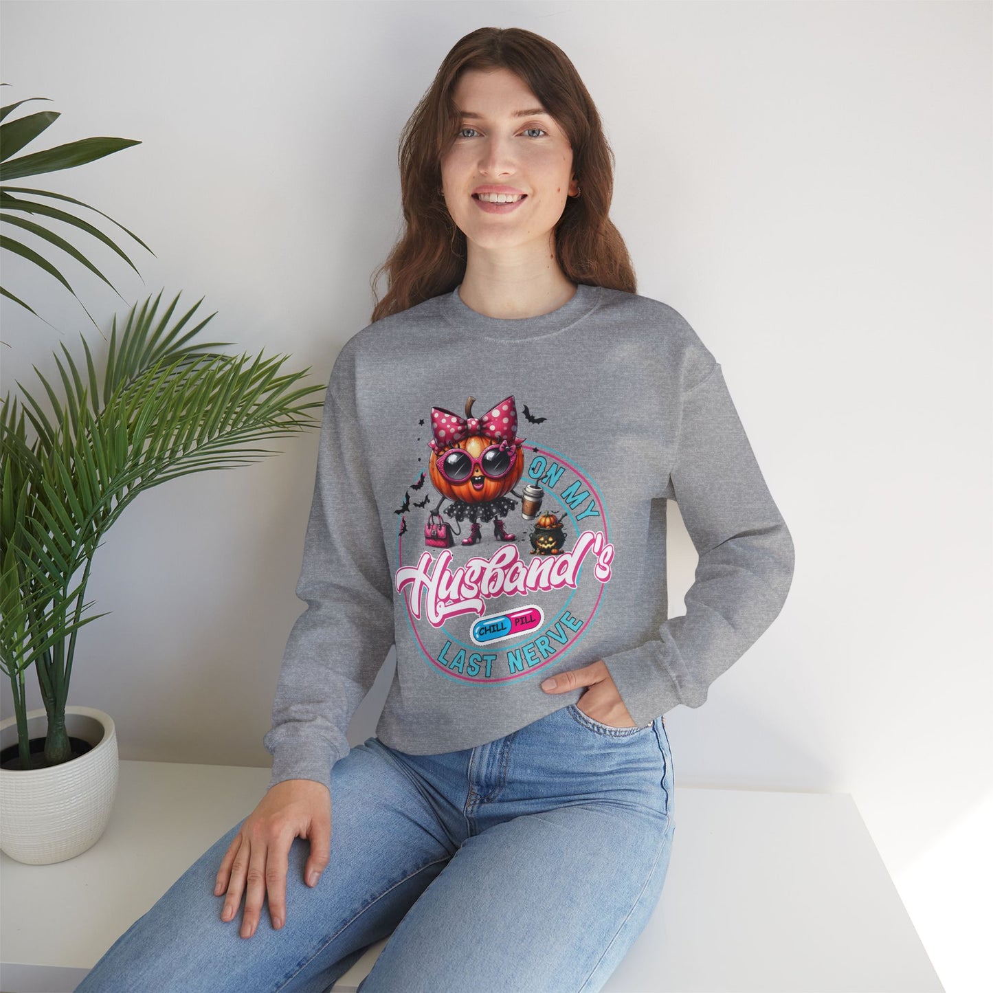 On My Husband's Last Nerve Halloween Sweatshirt, Happy Halloween Sweatshirt - Unisex Heavy Blend Crewneck, Halloween Sweatshirt, Cute Spooky Ghost sweatshirt.