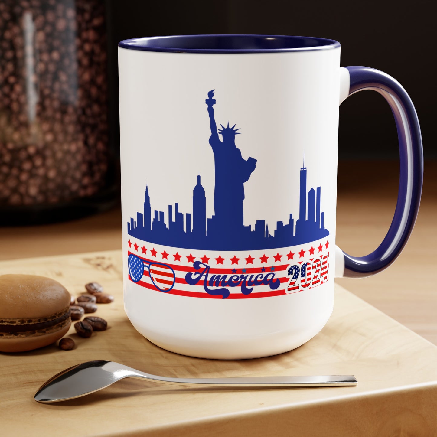 Happy 4th Of July Two -Tone Coffee Mug.15oz. God Bless America Coffee Mug. America 2024 Coffee Mug.