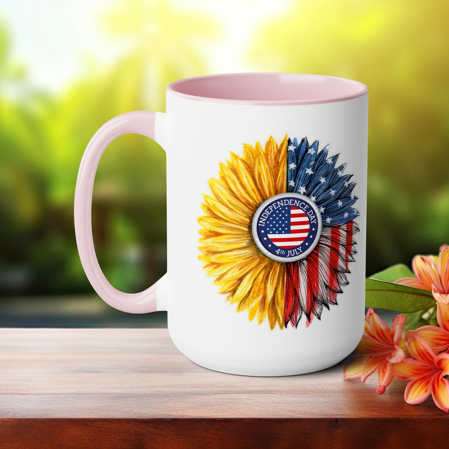 Happy 4th Of July Two -Tone Coffee Mug.15oz. Independence Day Sunflower Coffee Mug.