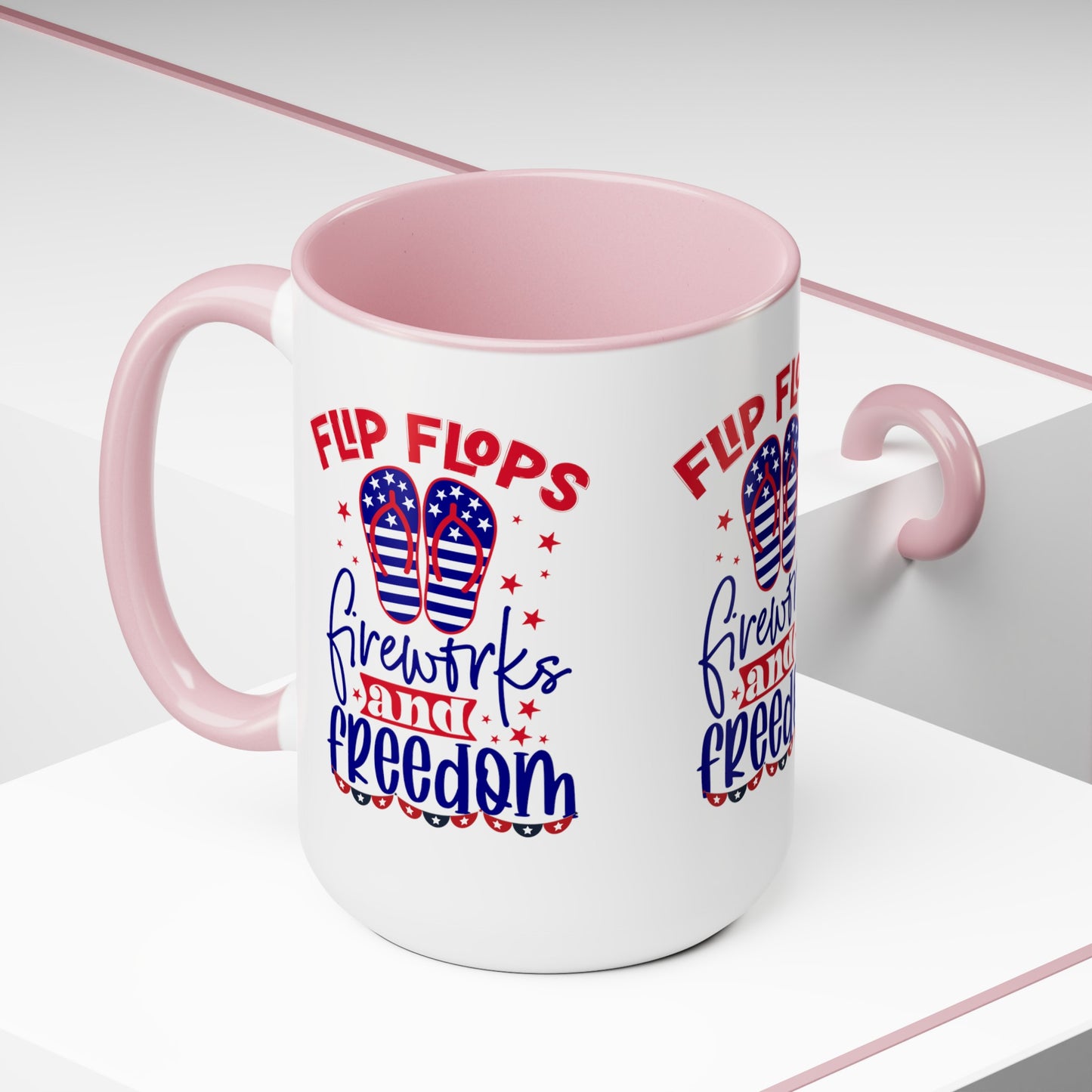 Happy 4th Of July Two -Tone Coffee Mug.15oz. Happy Independence Day Coffee Mug. America, Red White Blue, Flag,Peace Love America. Flipflop fireworks & Freedom.