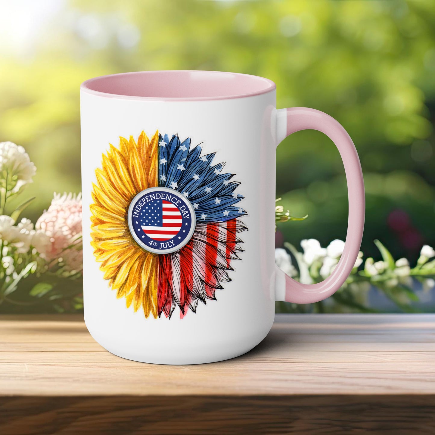 Happy 4th Of July Two -Tone Coffee Mug.15oz. Independence Day Sunflower Coffee Mug.