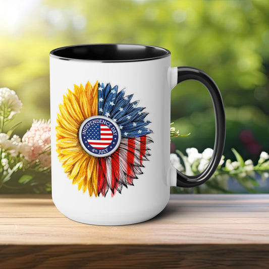 Happy 4th Of July Two -Tone Coffee Mug.15oz. Independence Day Sunflower Coffee Mug.