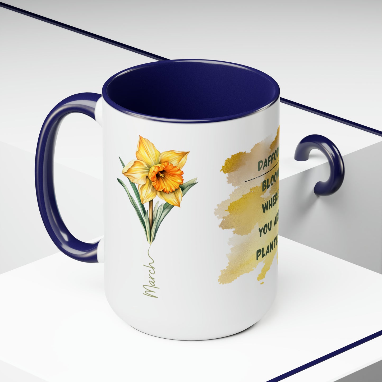 Birth Month Flower Two-Tone Coffee Mugs, 15oz, March Birth Month Flower mug.