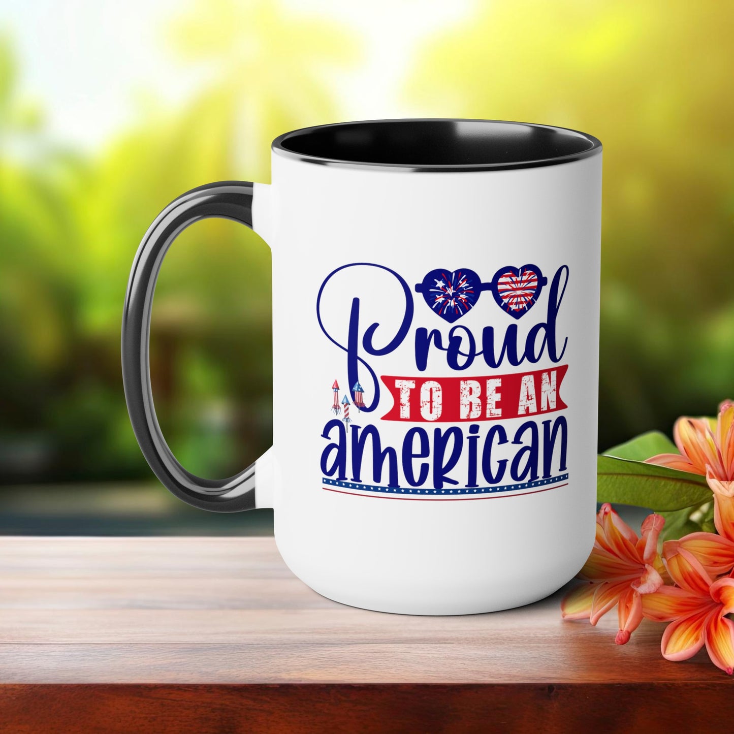 Happy 4th Of July Two -Tone Coffee Mug.15oz. Happy Independence Day Coffee Mug. America, Red White Blue, Flag,Peace Love America. Proud To Be An American